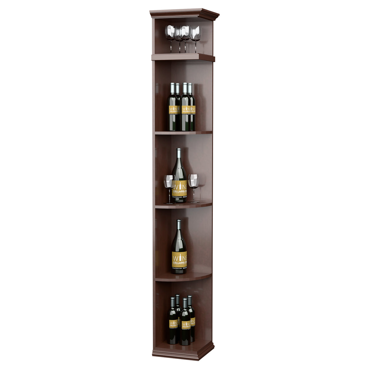 Quarter-round wine display shelf with curved bottle shelves and top glass holder, rich dark brown