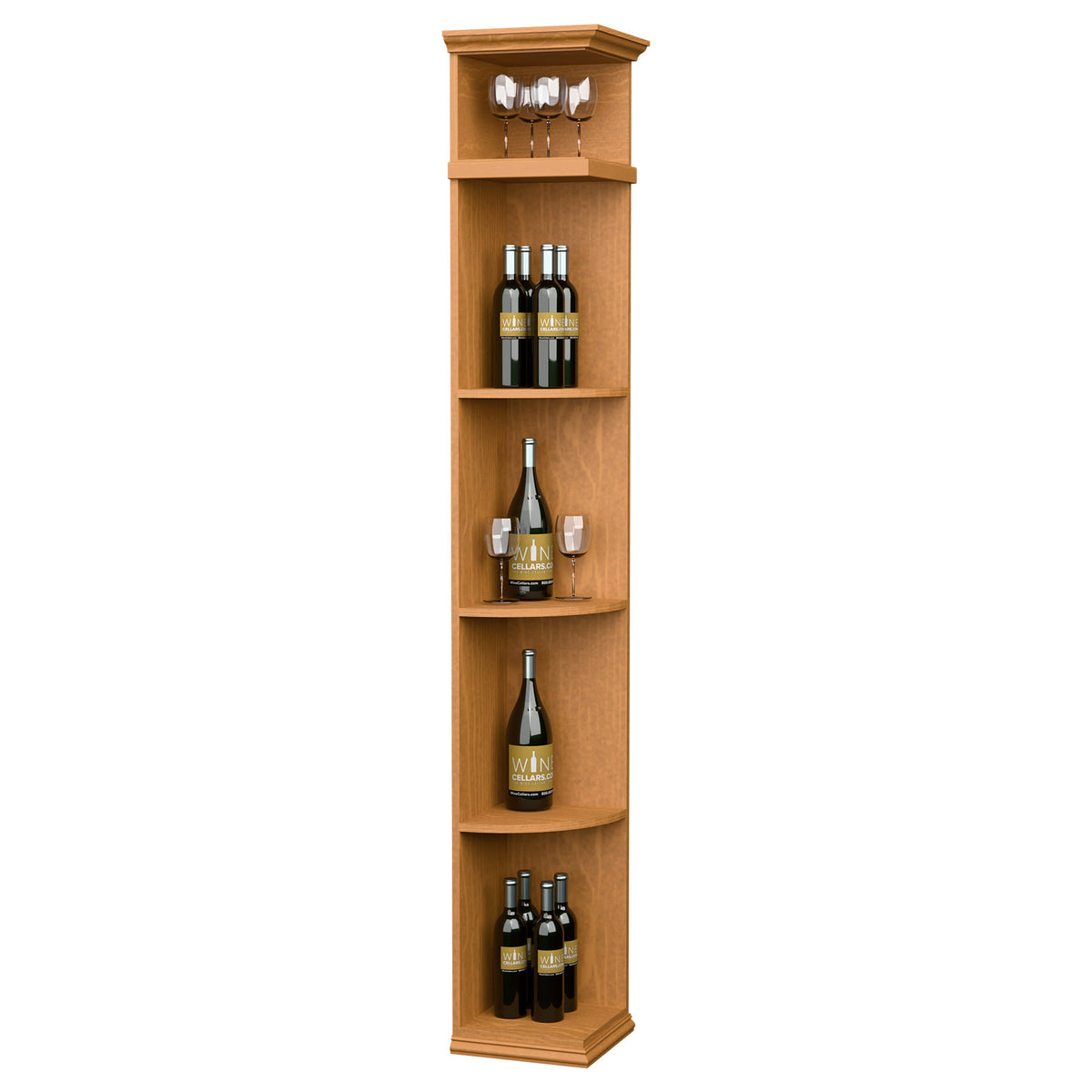 Quarter-round wine display shelf with curved bottle shelves and top glass holder, honey wood tone