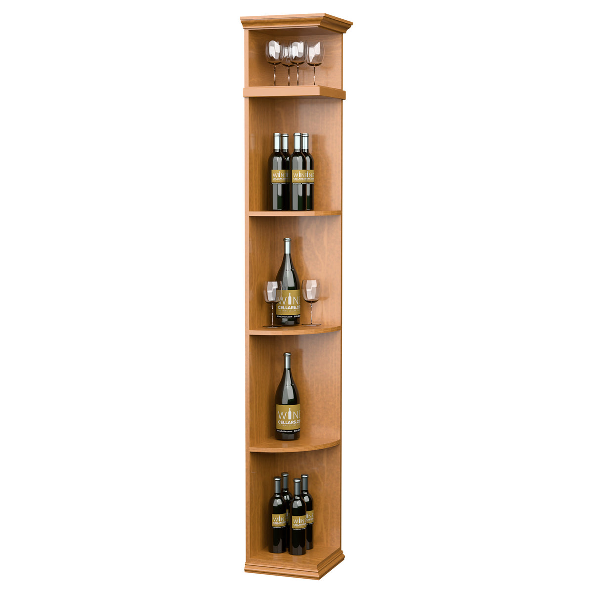 Quarter-round wine display shelf with curved bottle shelves and top glass holder, warm light wood