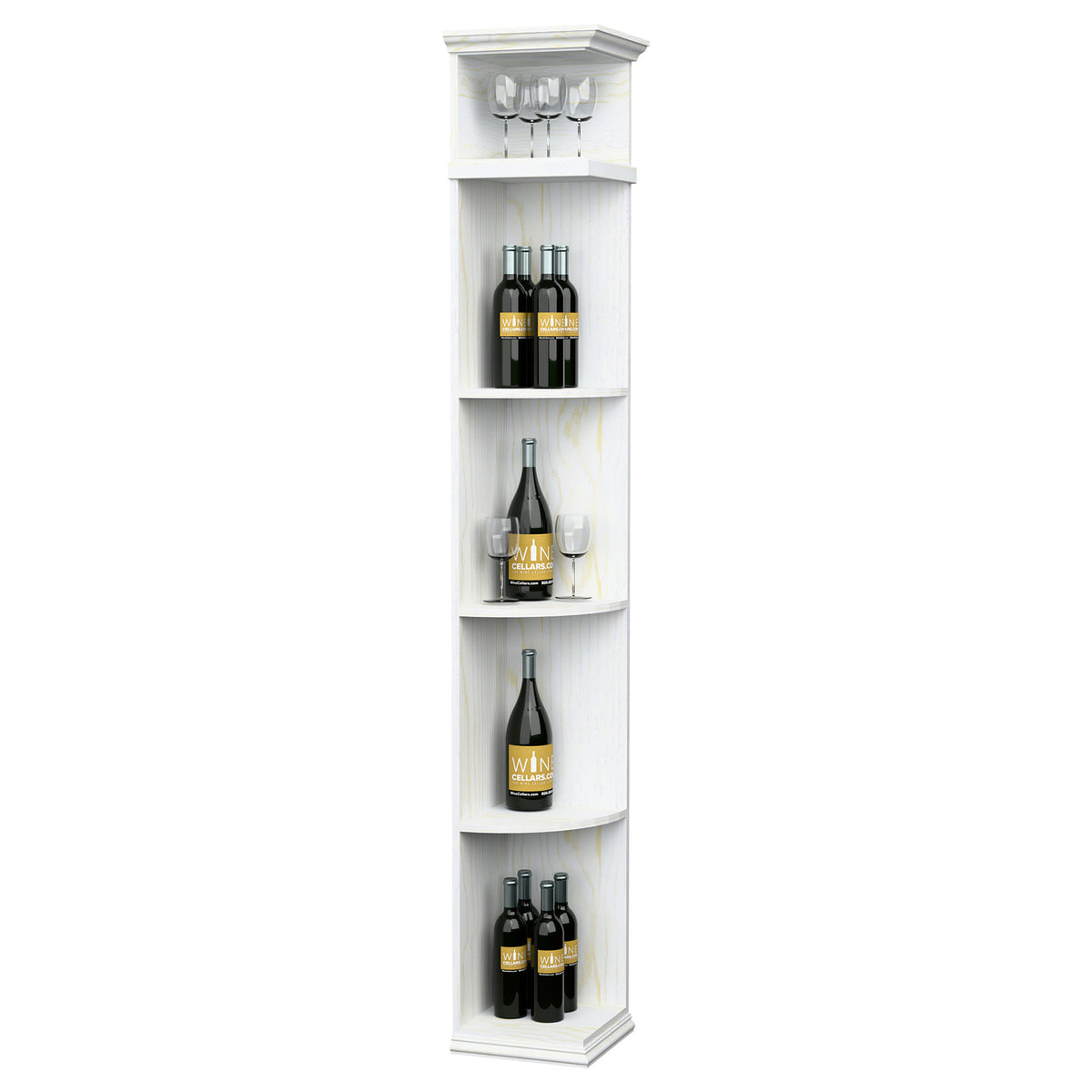 Quarter-round wine display shelf with curved bottle shelves and top glass holder, white finish