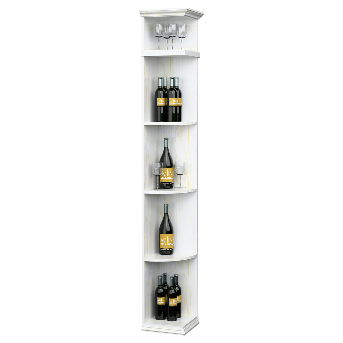 Quarter-round wine display shelf with curved bottle shelves and top glass holder, bright white wood