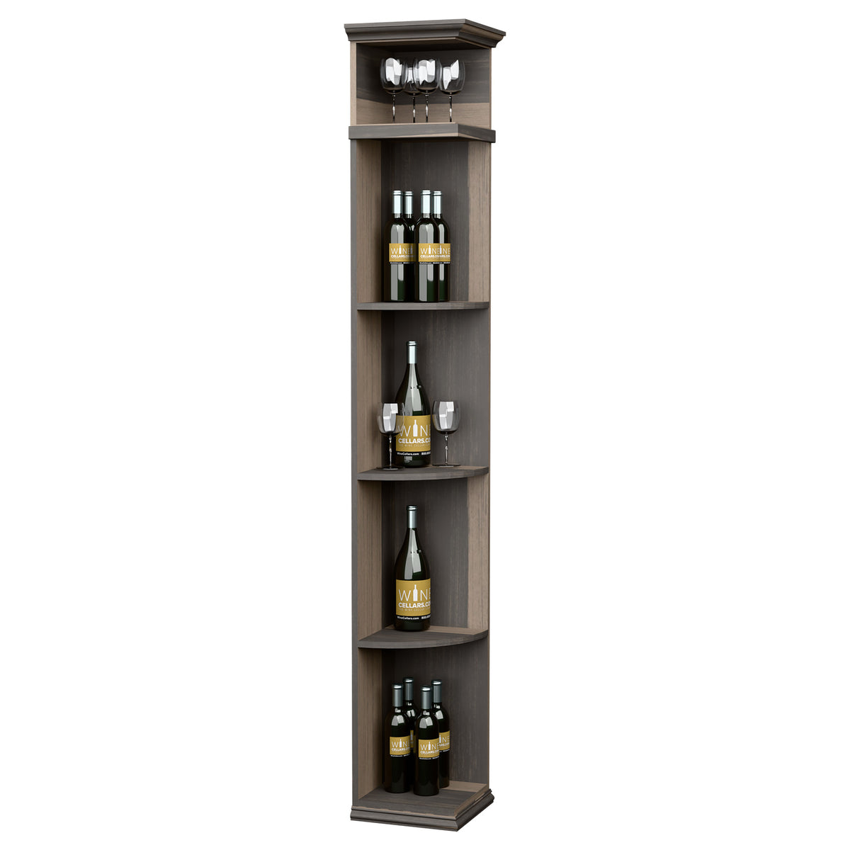 Dark wood corner wine shelf cabinet with square base and curved interior shelves