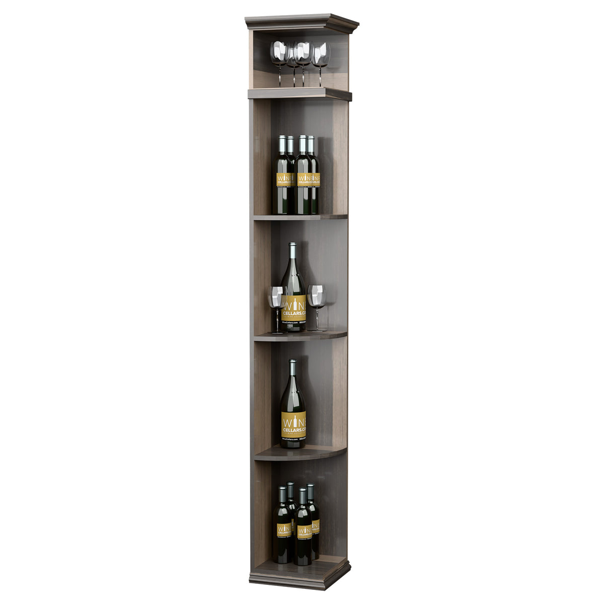 Gray wood corner wine shelf cabinet with square base, curved shelves, glass rack top