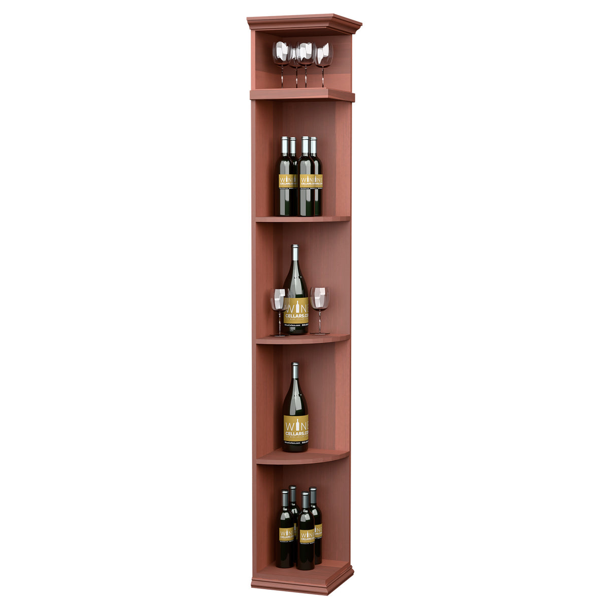 Red wood corner wine shelf cabinet with square base and curved interior shelves