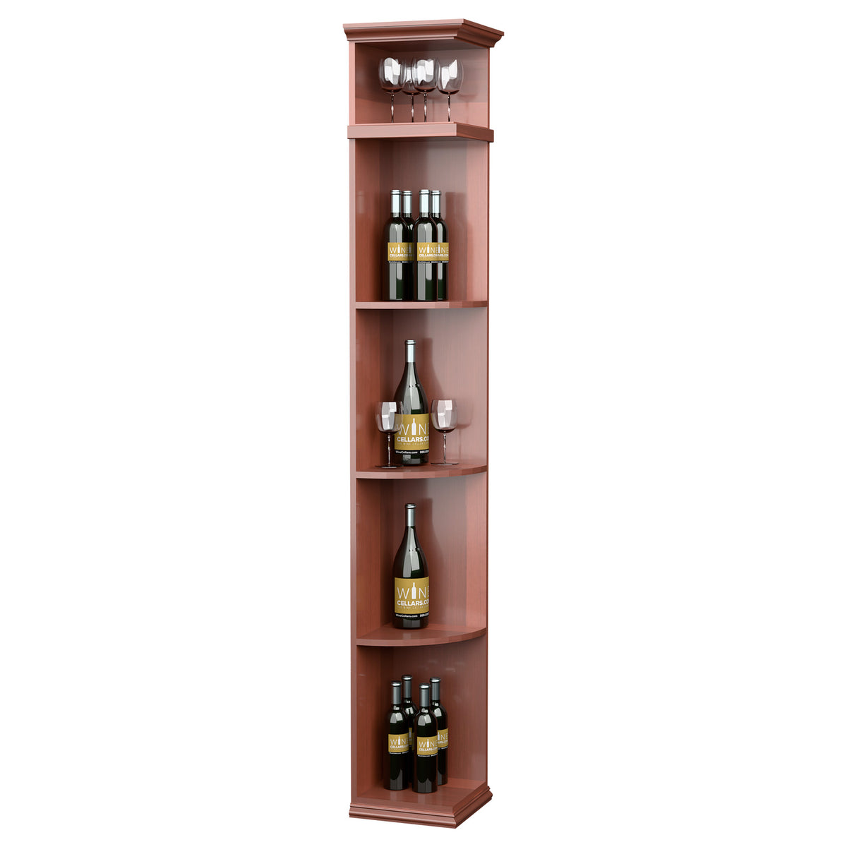 Burgundy wood corner wine shelf cabinet with square base, curved shelves, glass rack top