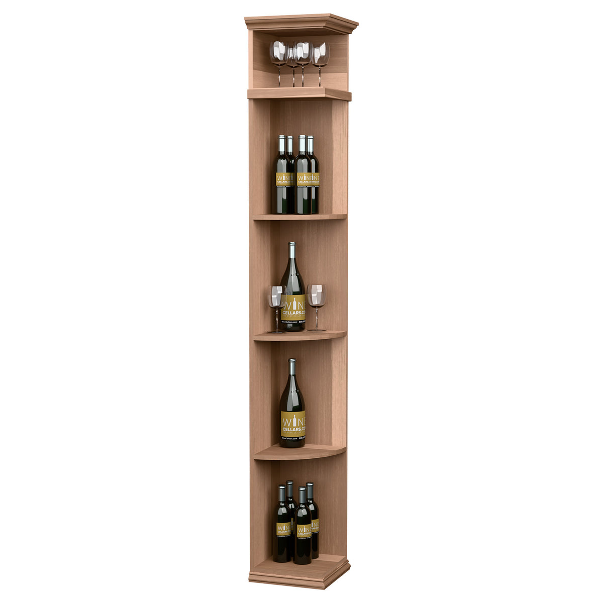 Light wood corner wine shelf cabinet with square base and curved interior shelves