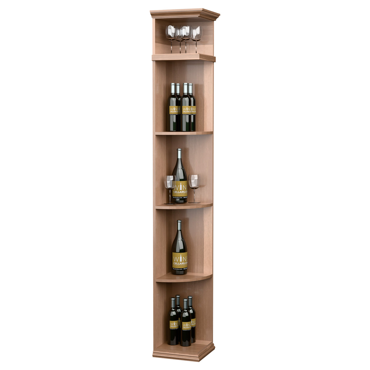 Natural wood corner wine shelf cabinet with square base, curved shelves, glass rack top