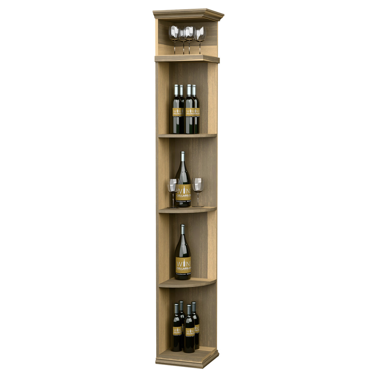 Pale wood corner wine shelf cabinet with square base and curved interior shelves