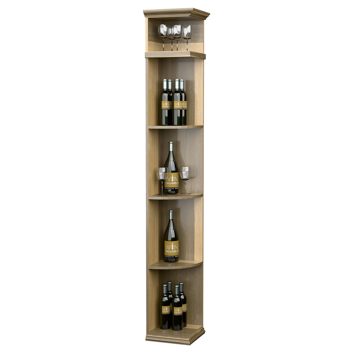 Light wood corner wine shelf cabinet with square base and curved interior wine shelves
