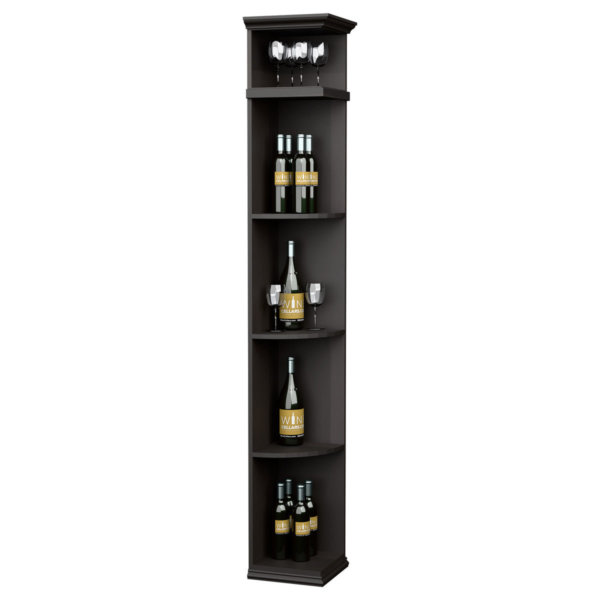 Black wood corner wine shelf cabinet with square base and curved interior shelves