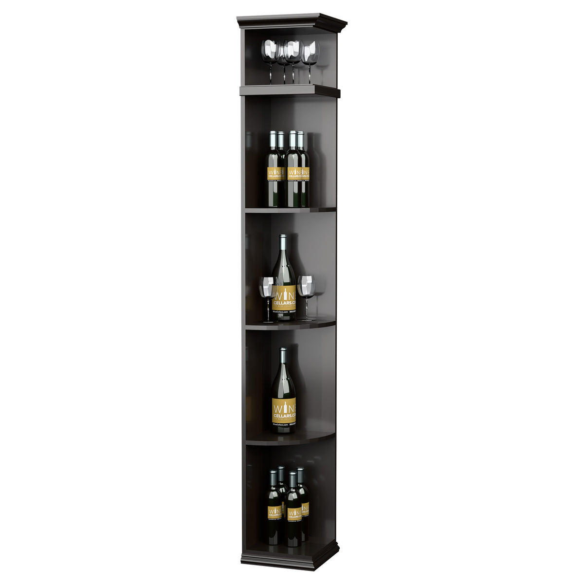Charcoal wood corner wine shelf cabinet with square base, curved shelves, top glass rack