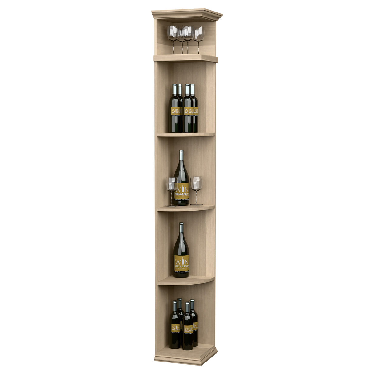 Quarter-round shelf with square base, tall wood wine bottle display, natural finish