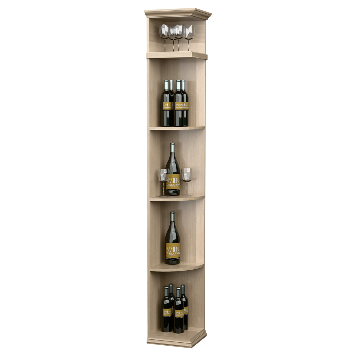 Quarter-round shelf with square base, tall wood wine bottle display, light natural finish