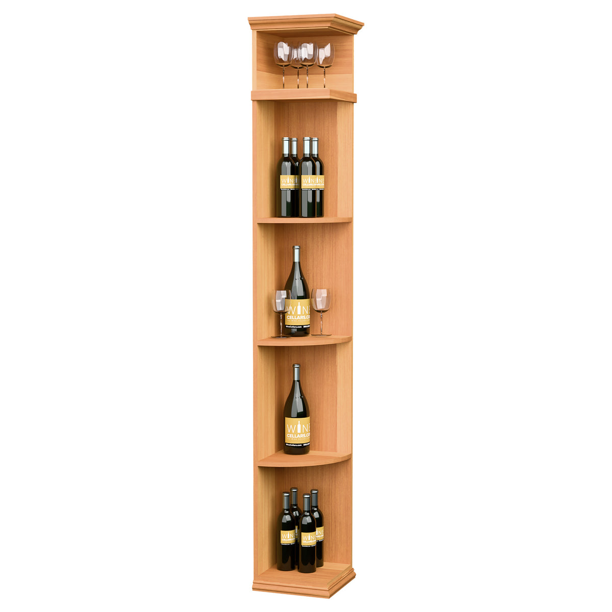 Quarter-round shelf with square base, tall wood wine bottle display, warm wood finish