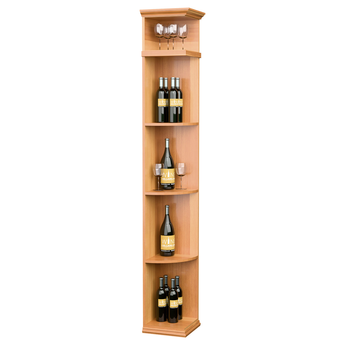 Quarter-round shelf with square base, tall wood wine bottle display, honey wood finish