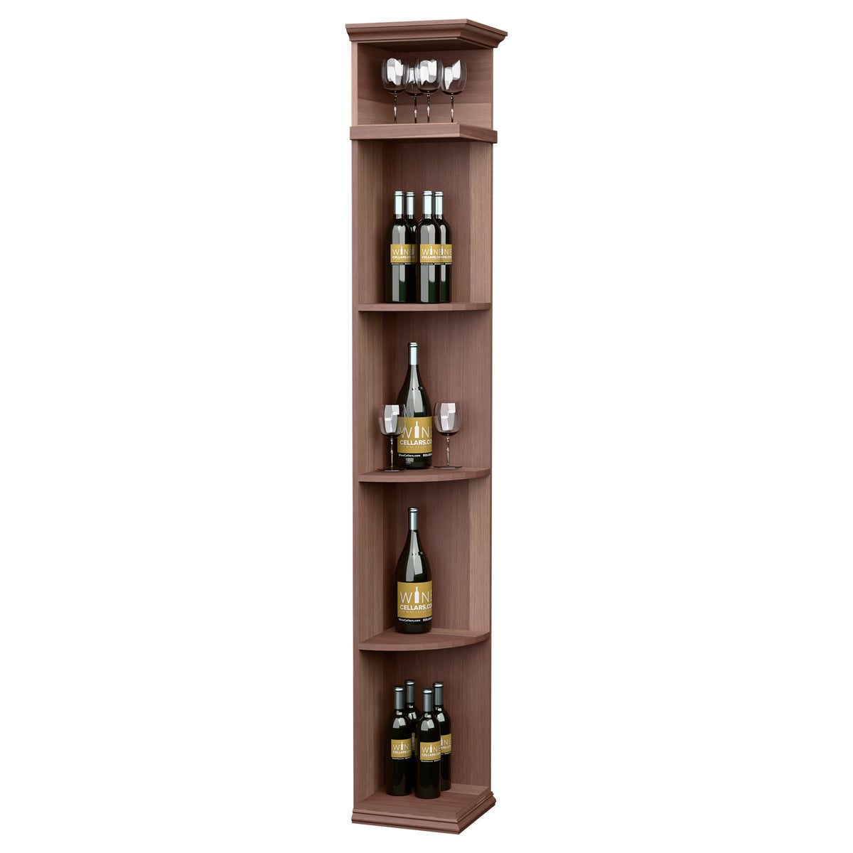 Quarter-round shelf with square base, tall wood wine bottle display, medium brown finish