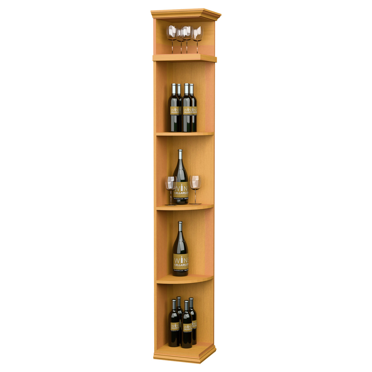 Quarter-round shelf with square base, tall wood wine bottle display, golden wood finish