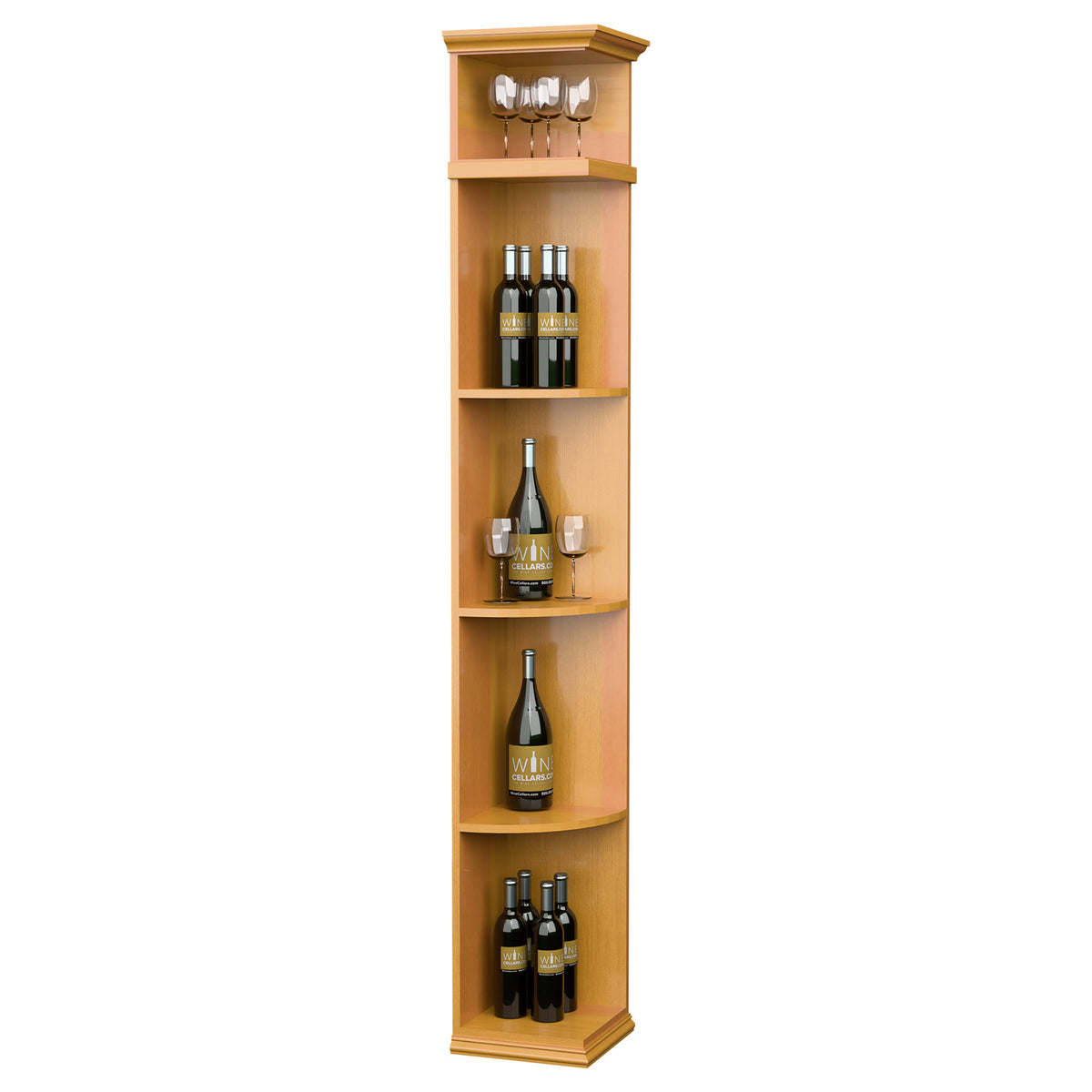 Quarter-round shelf with square base, tall wood wine bottle display, light golden finish