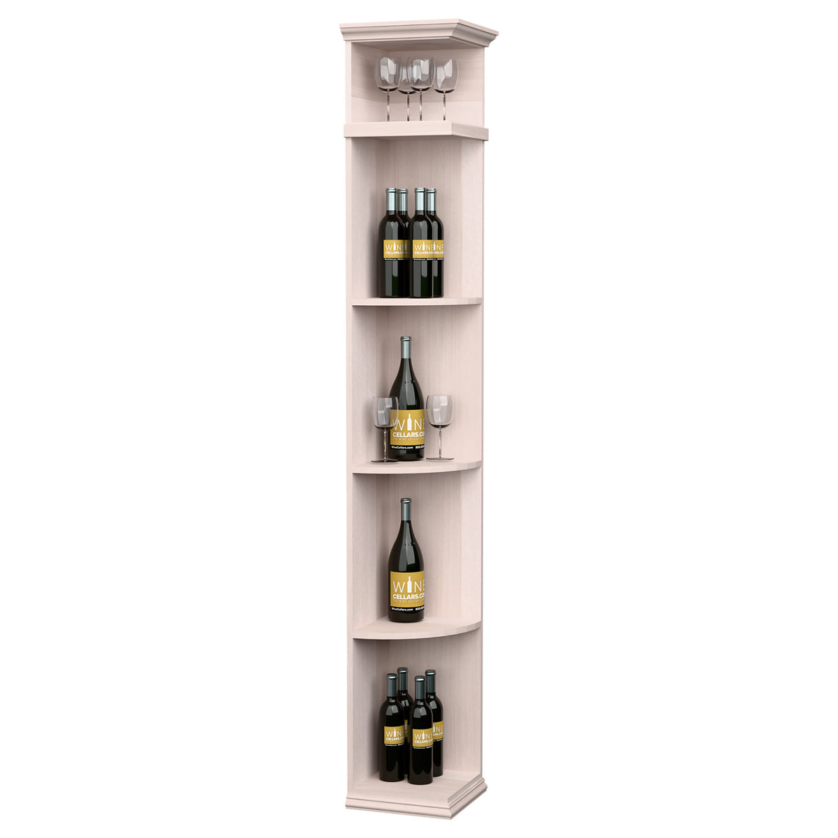 Quarter-round shelf with square base, tall wood wine bottle display, white finish