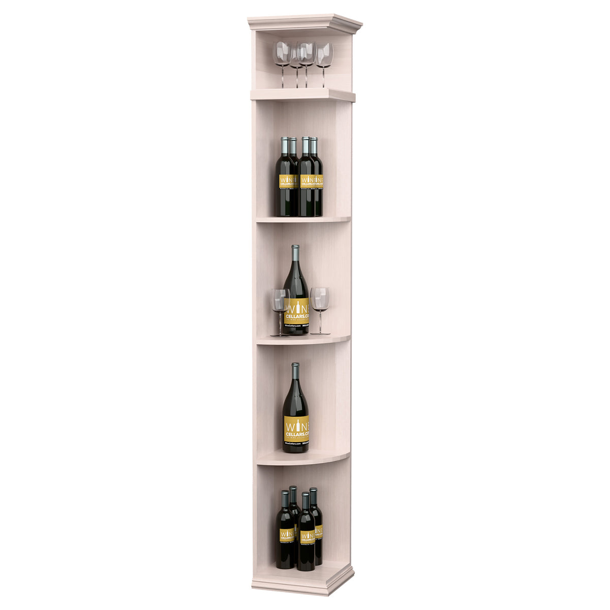 Quarter-round shelf with square base, tall wood wine bottle display, pale white finish