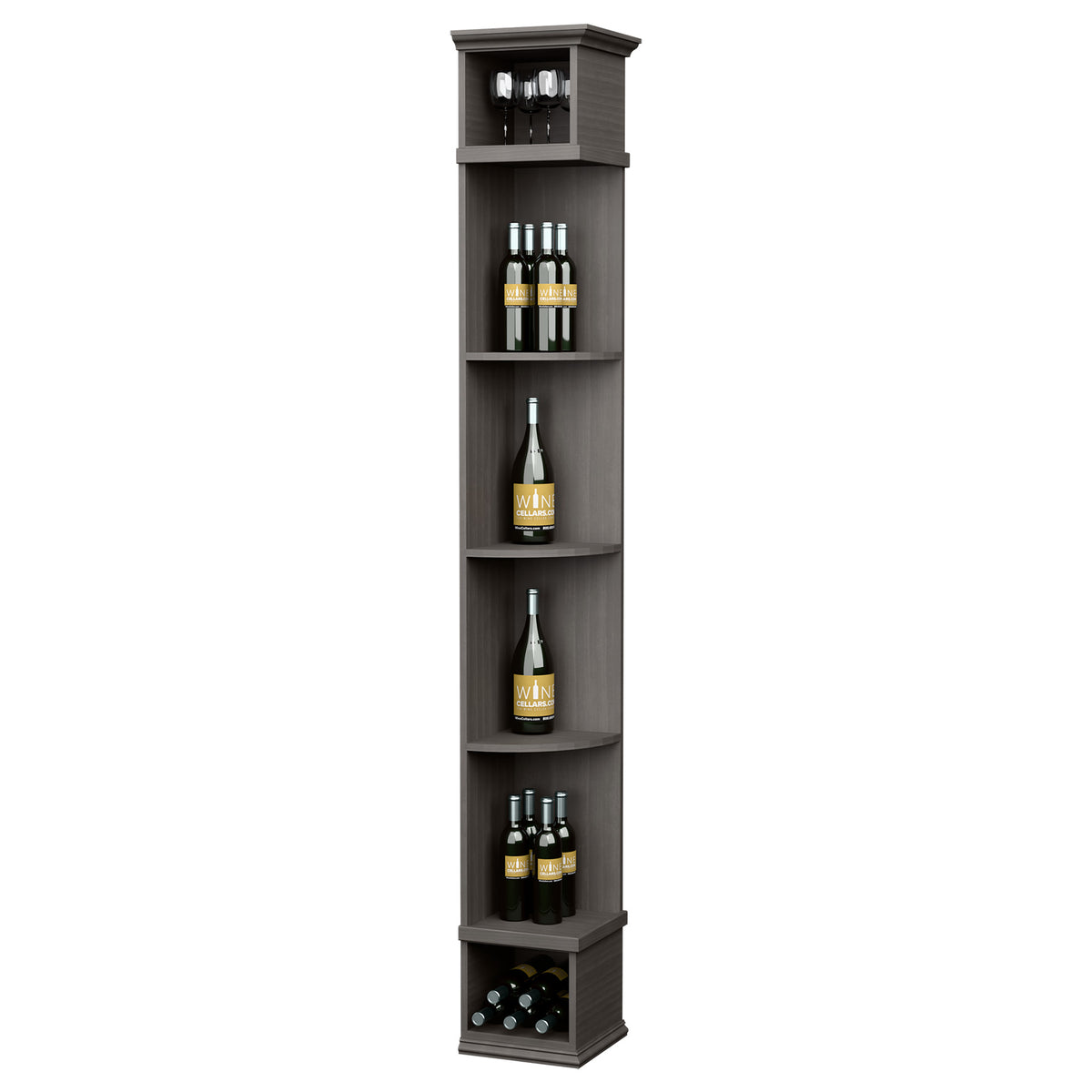 Dark gray corner wine shelf with square base, four curved compartments, and top light