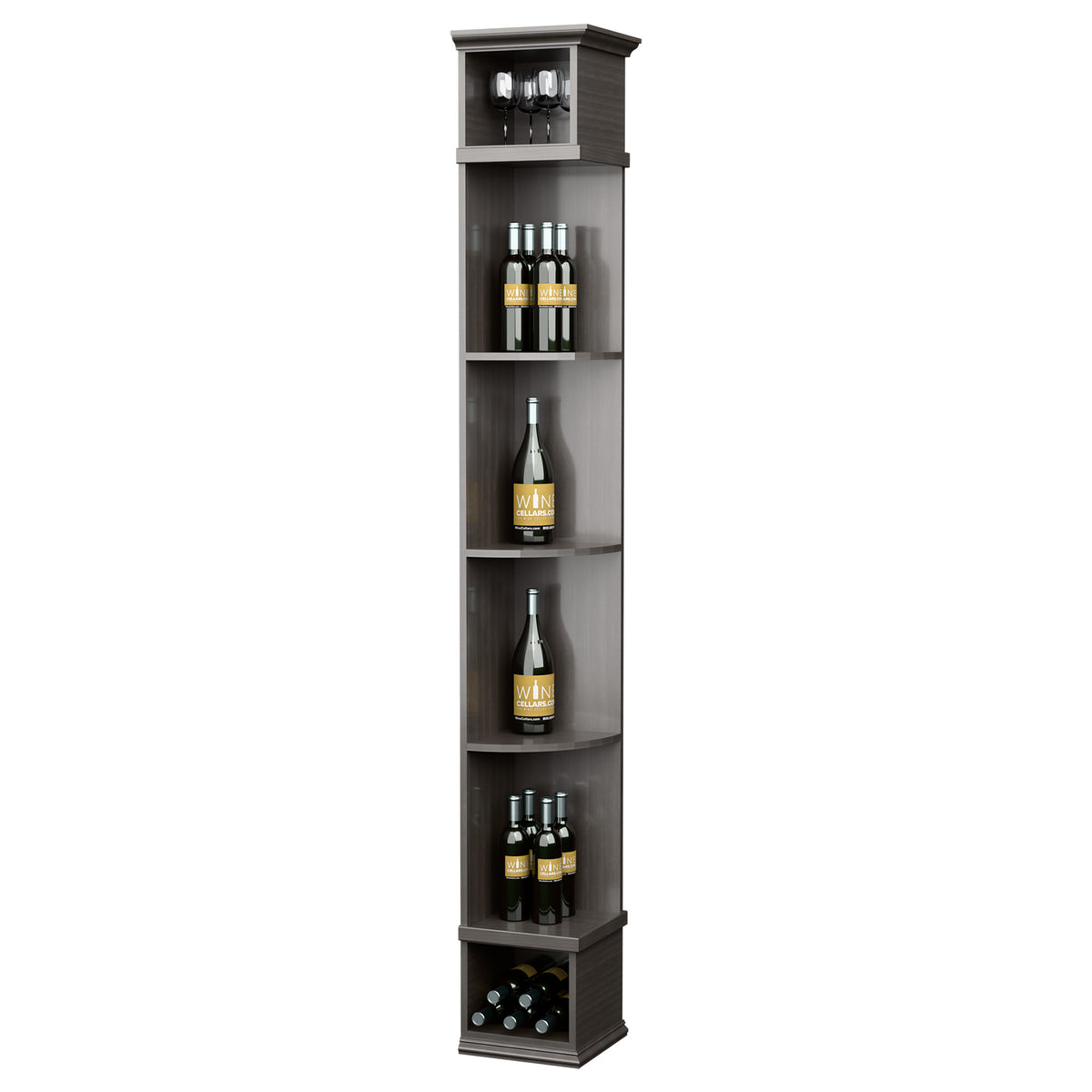 Dark corner wine shelf with square base, four curved shelves for bottles, and top light