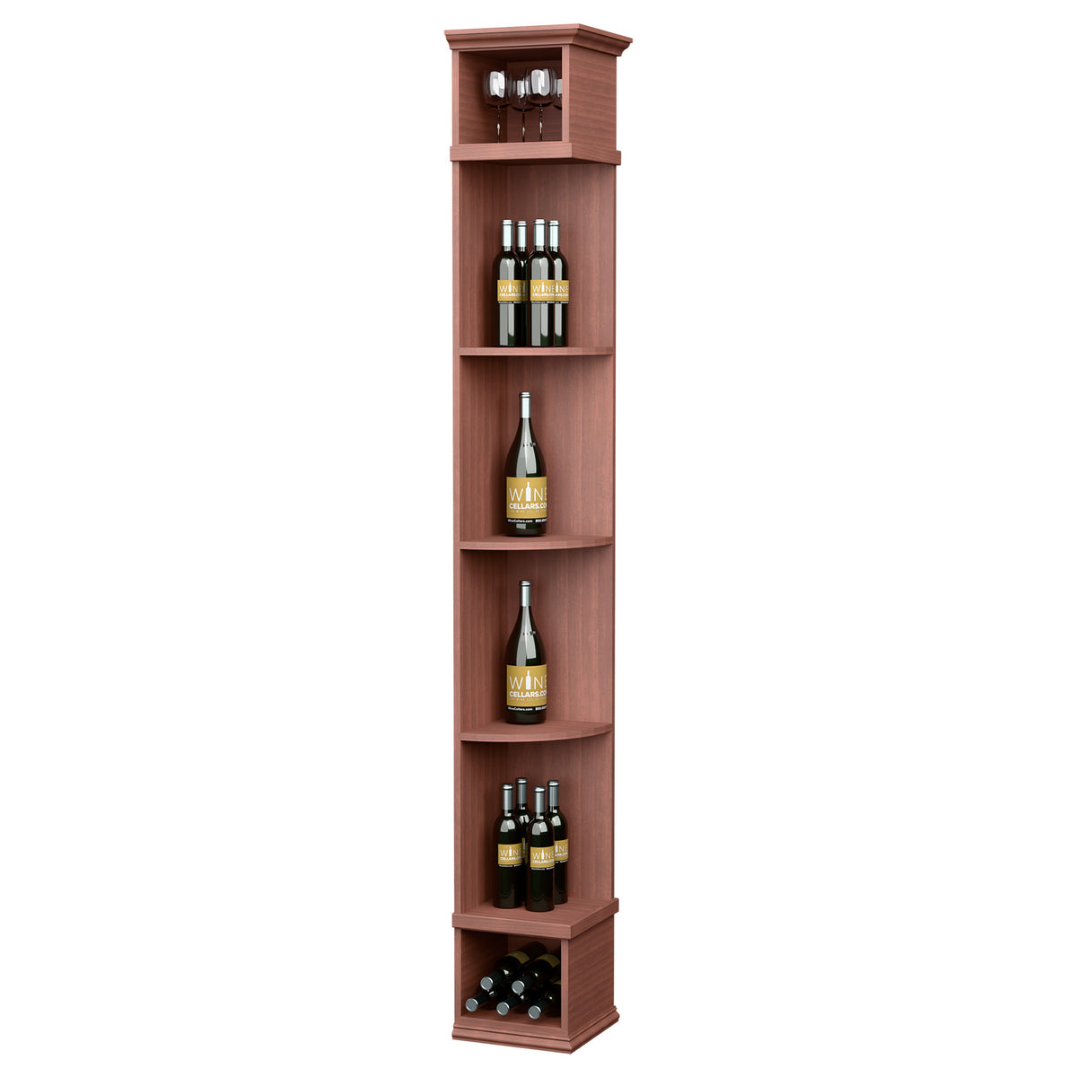 Red corner wine shelf with square base, four curved bottle compartments, and top light