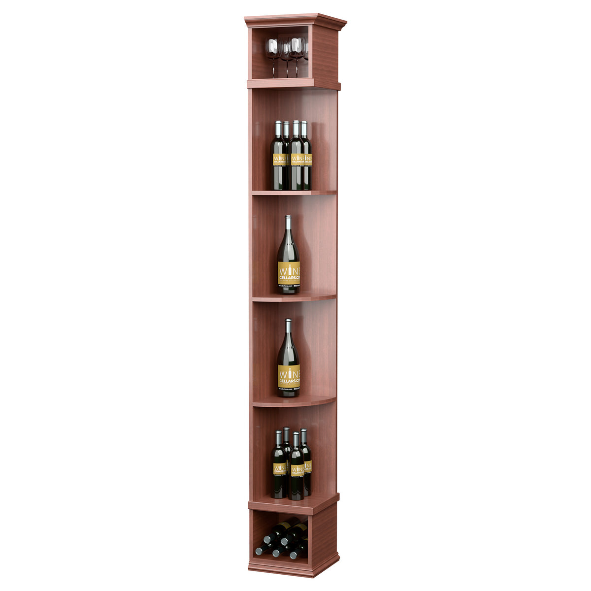 Warm red corner wine shelf with square base, four curved shelves and top light