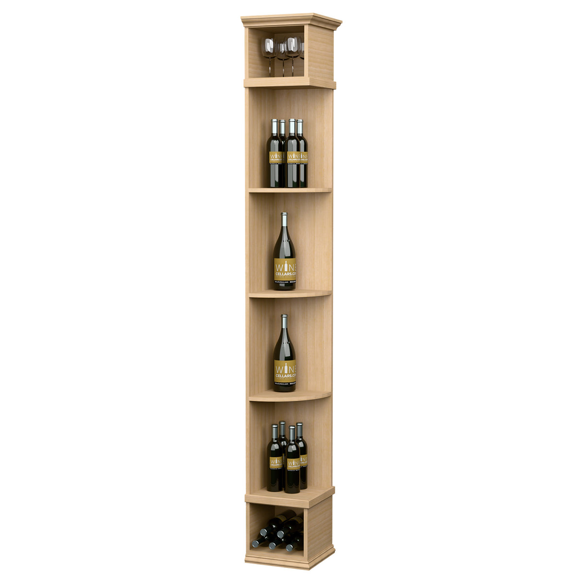 Light wood corner wine shelf with square base, four curved compartments, and top light