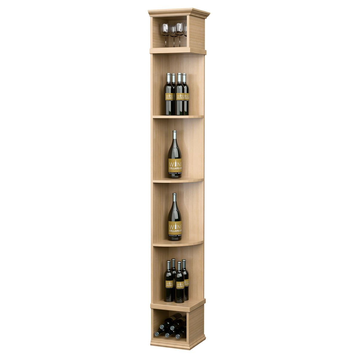 Natural corner wine shelf with square base, four curved bottle shelves, and top light