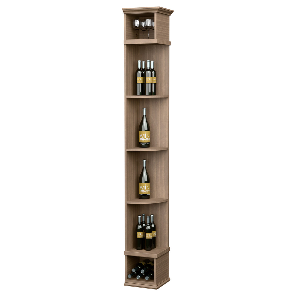 Light beige corner wine shelf with square base, four curved compartments, and top light