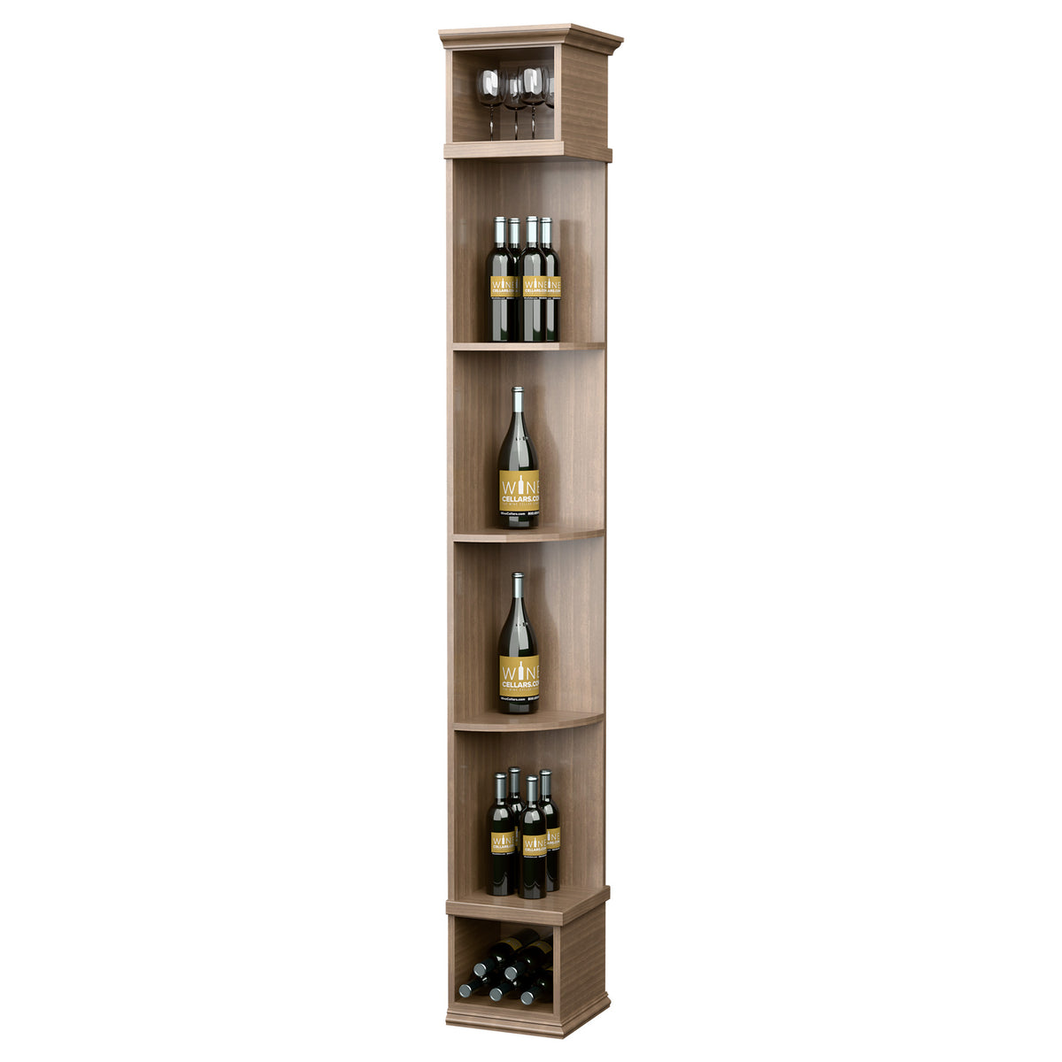 Light wood corner wine shelf with square base, curved shelves for bottles and top light