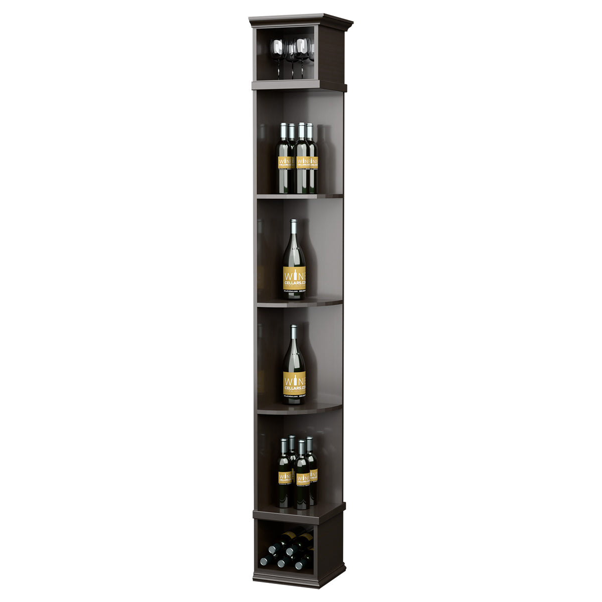 Dark corner wine shelf with square base, four curved bottle shelves, and top light