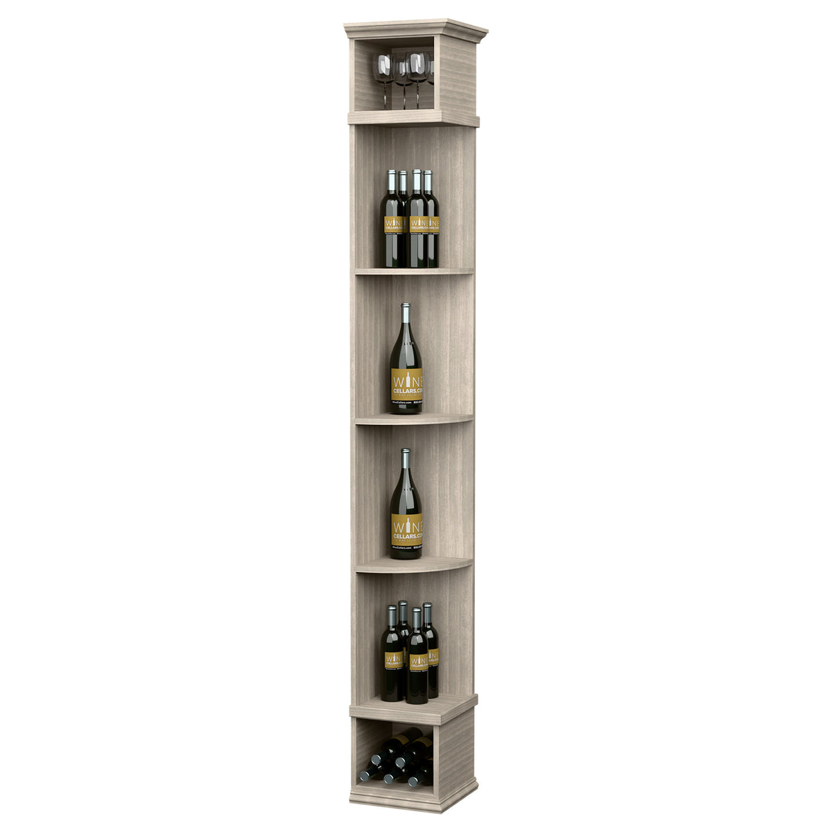 Light grey corner wine shelf with square base, curved cubbies, and bottle display