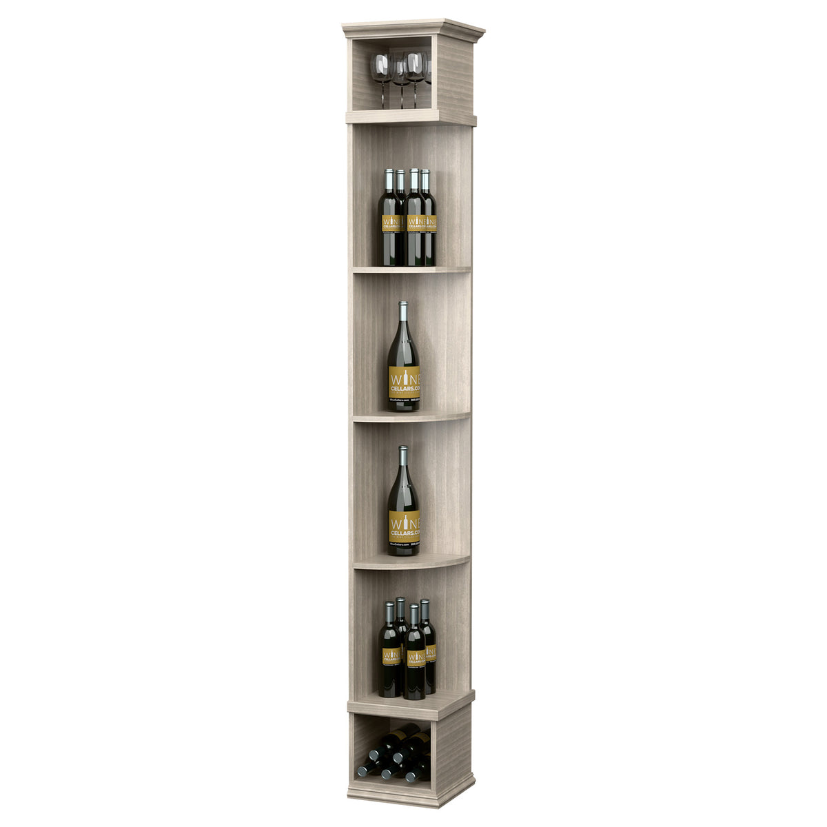 Light grey corner wine shelf with square base, curved shelves, and bottle storage