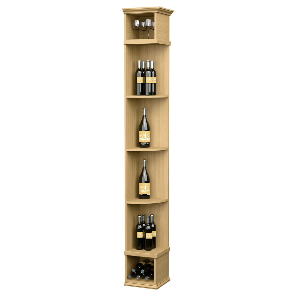 Natural wood corner wine shelf with square base, curved cubbies, and bottle display
