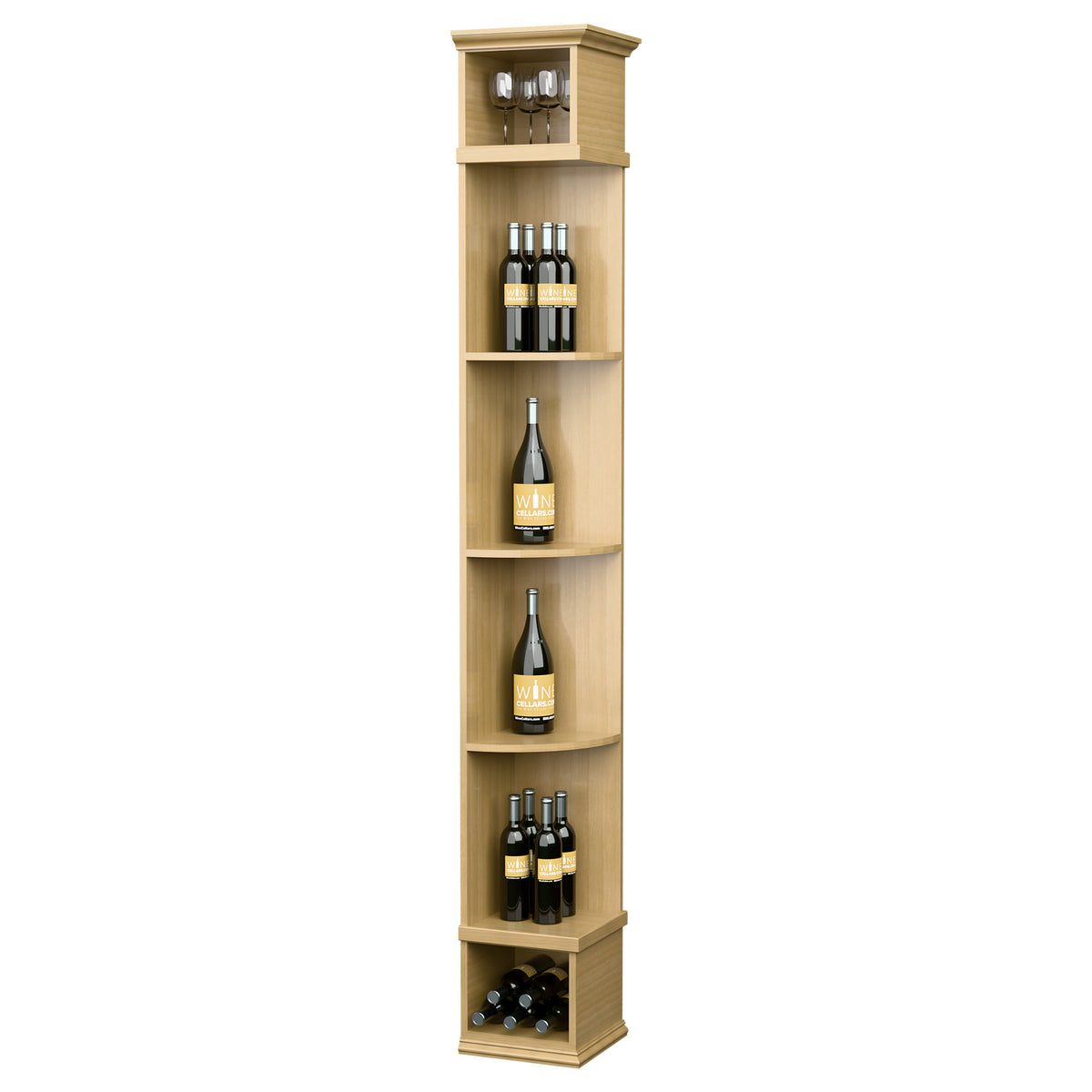 Natural wood corner wine shelf with square base, curved shelves, and bottle storage