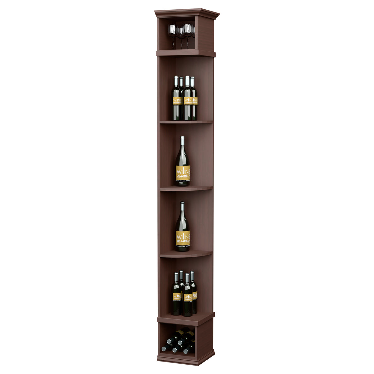 Dark brown corner wine shelf with square base, curved cubbies, and bottle display