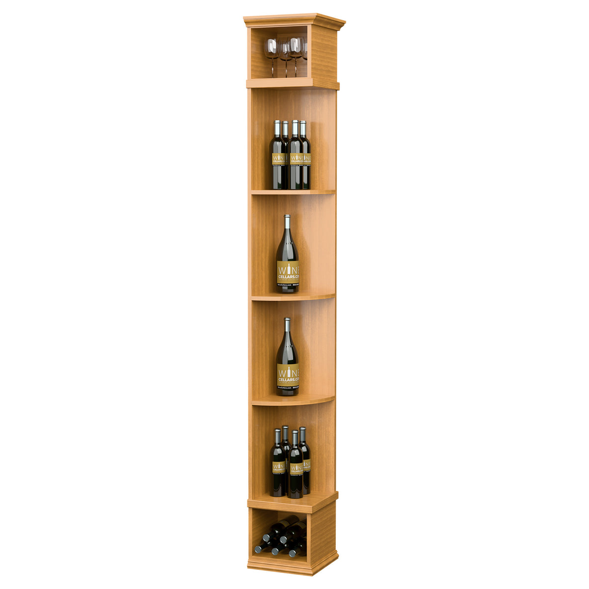 Warm light wood corner wine shelf with square base, curved shelves, and bottle storage