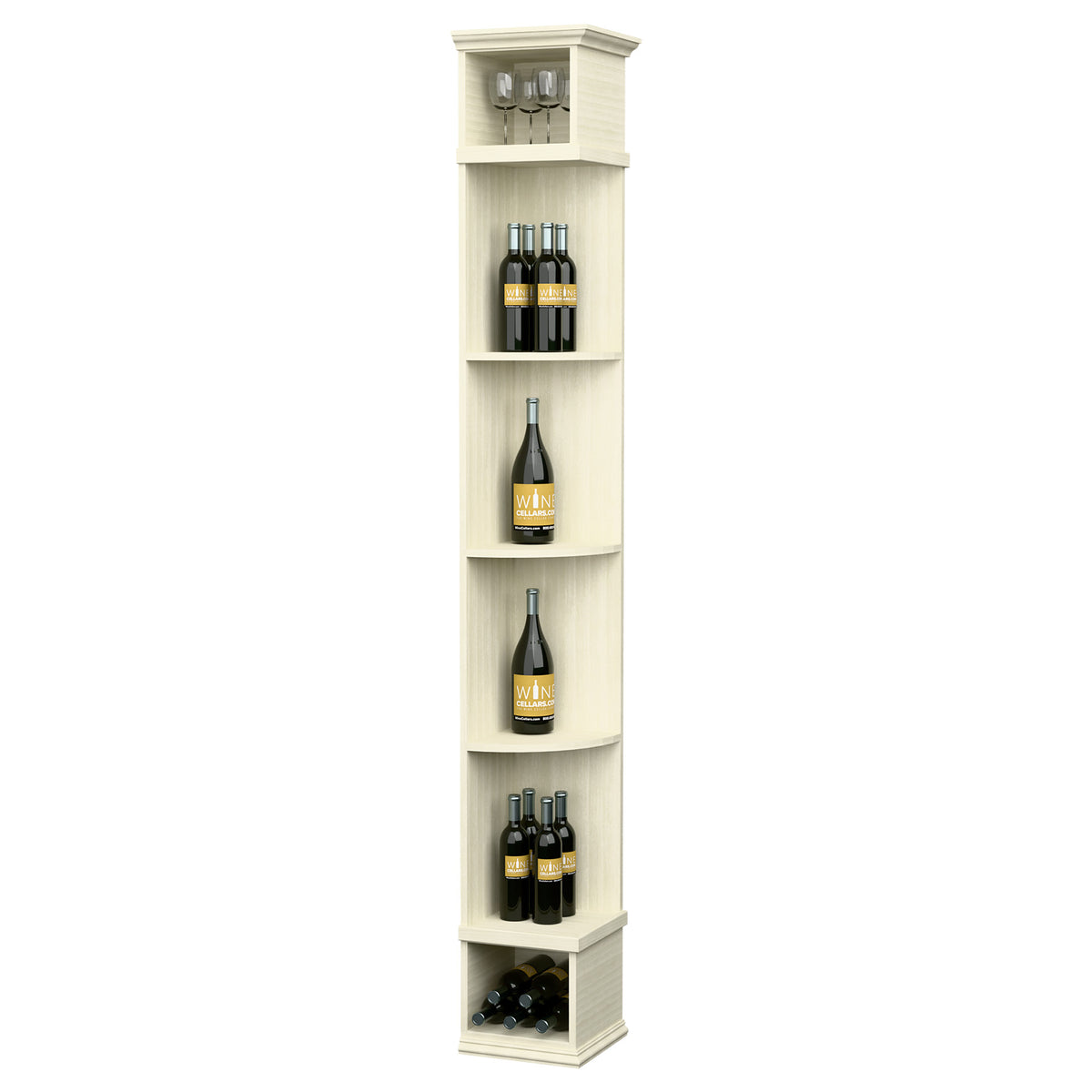 Off-white corner wine shelf with square base, curved cubbies, and bottle display