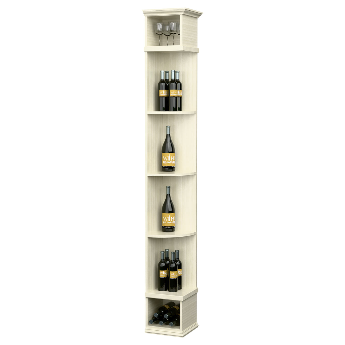 Off-white corner wine shelf with square base, curved shelves, and bottle storage