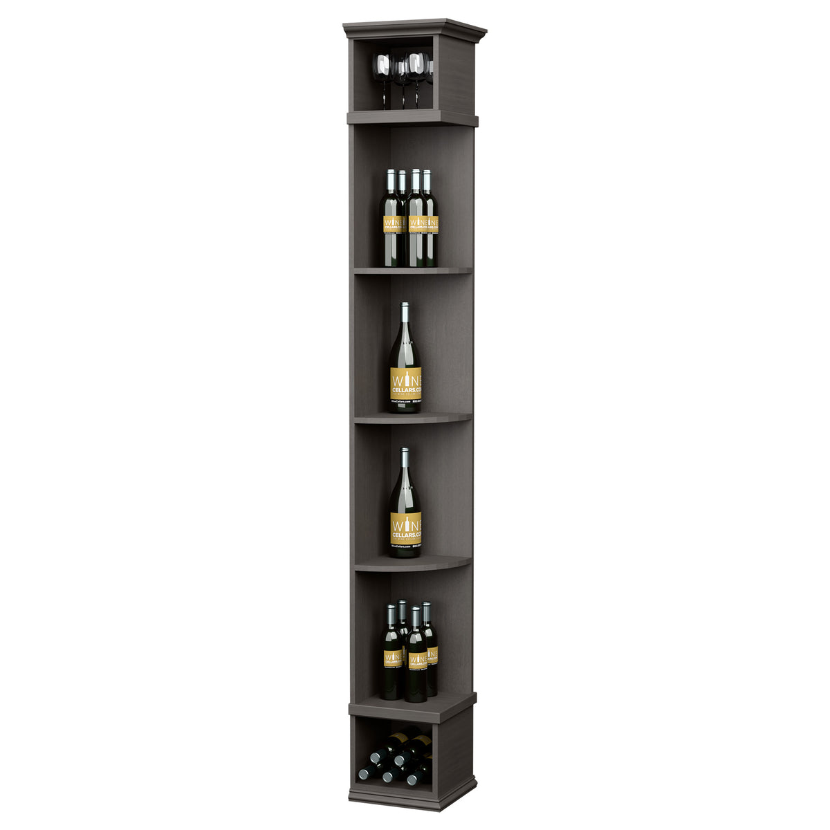 Dark quarter-round wine shelf with square base, five bottle shelves and top glass holder