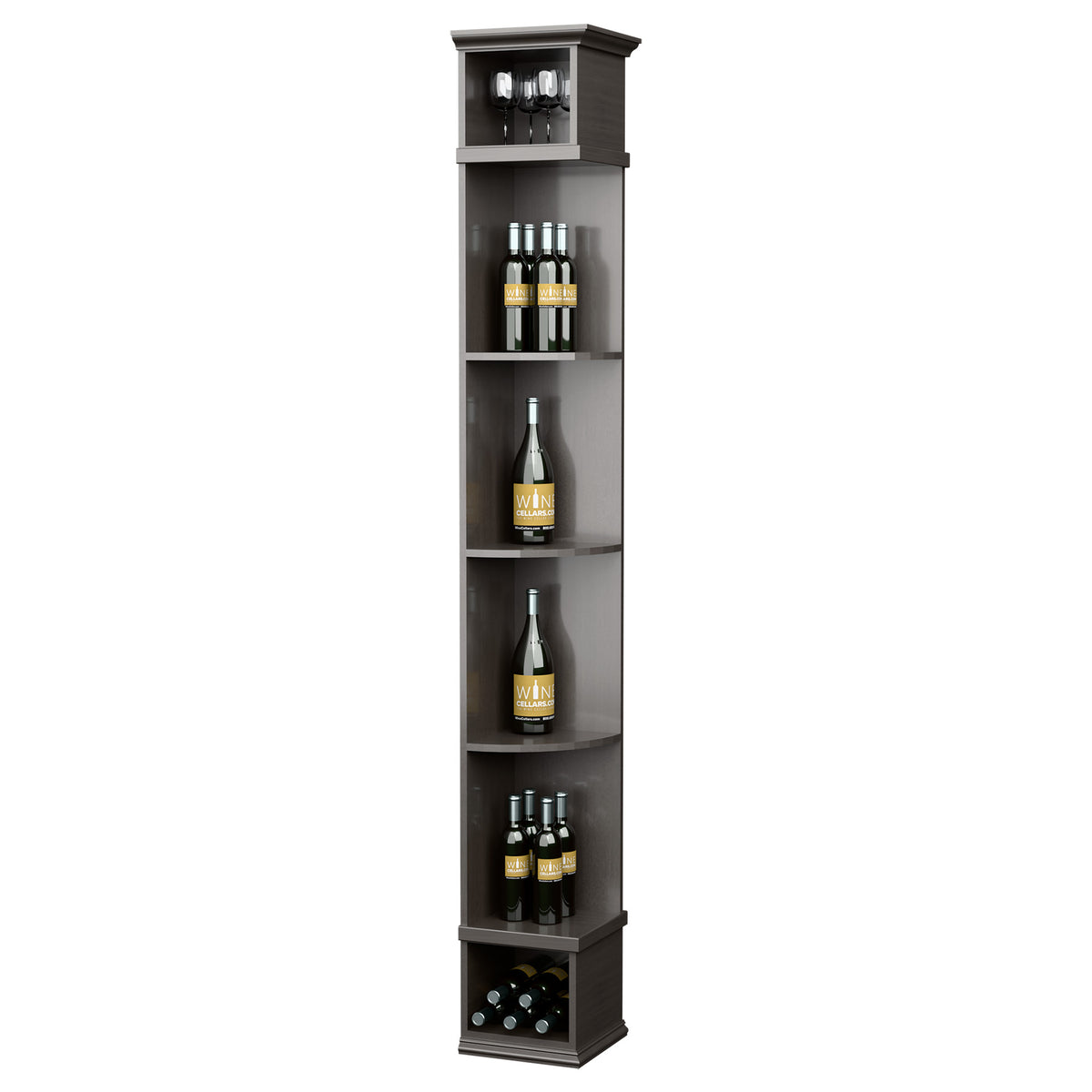 Black quarter-round wine shelf with square base, four open bottle shelves and bottom bottle rack
