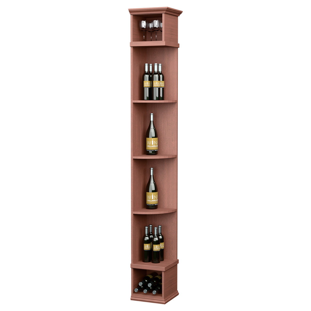 Red quarter-round wine shelf with square base, four open bottle shelves and top glass holder