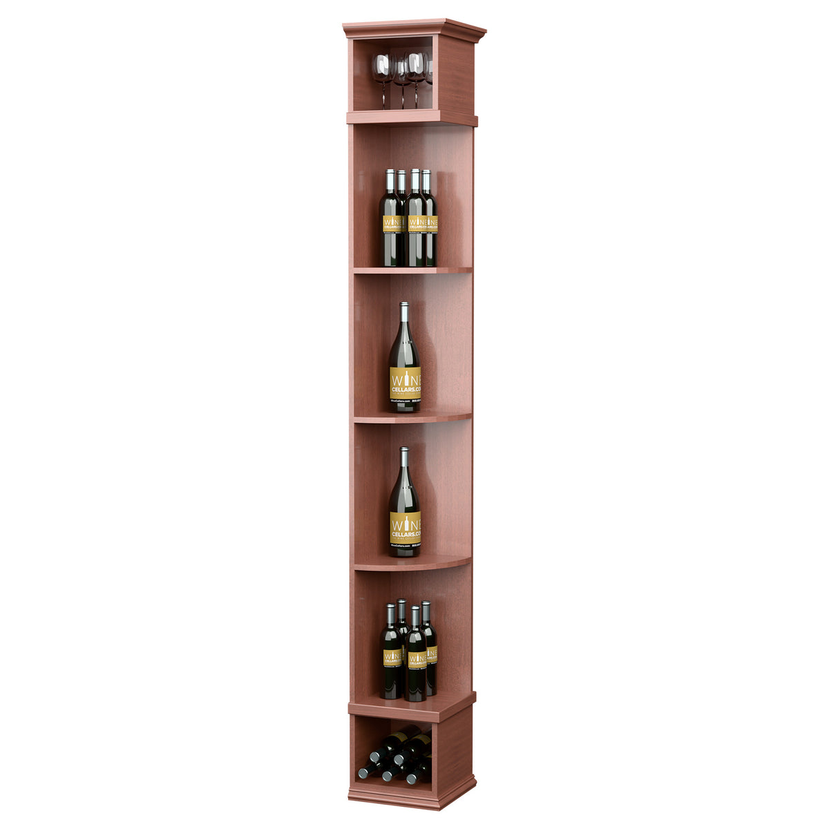 Red quarter-round wine shelf with square base, five bottle shelves with open corners and top glasses