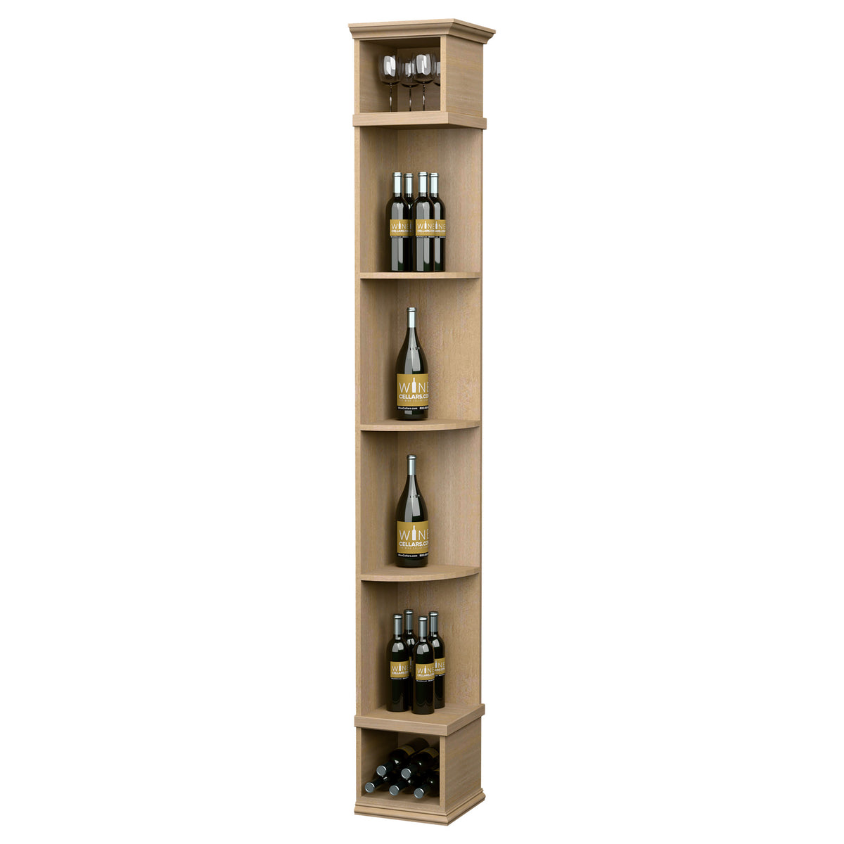 Light wood quarter-round wine shelf with square base, five bottle shelves and top glass holder