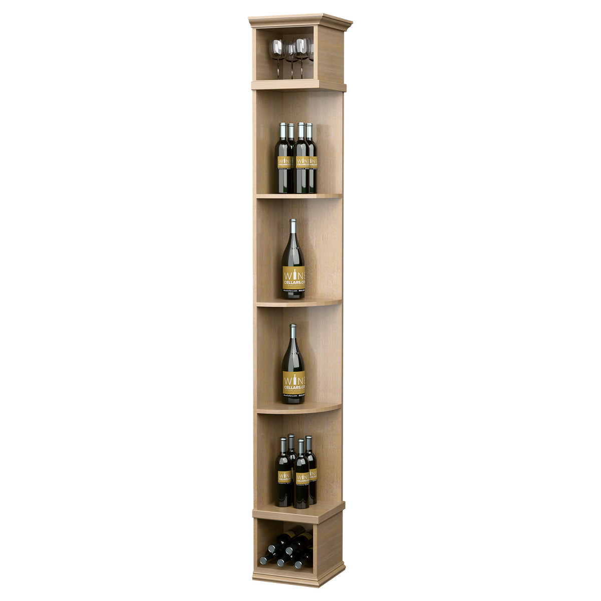 Natural wood quarter-round wine shelf with square base, four open bottle shelves and bottom wine rack