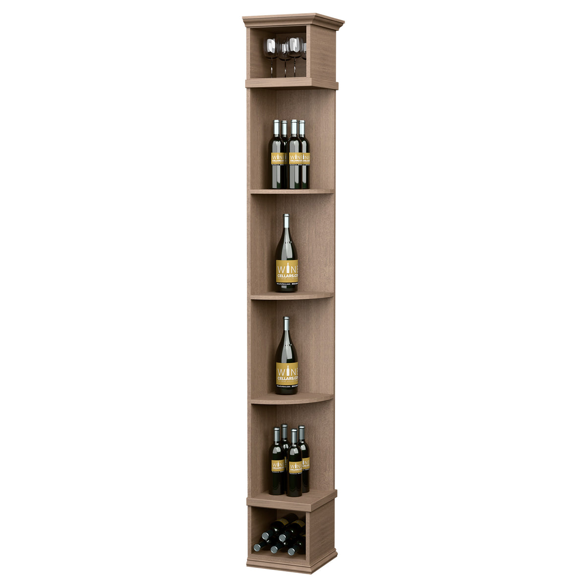Beige quarter-round wine shelf with square base, five bottle shelves and top glass holder