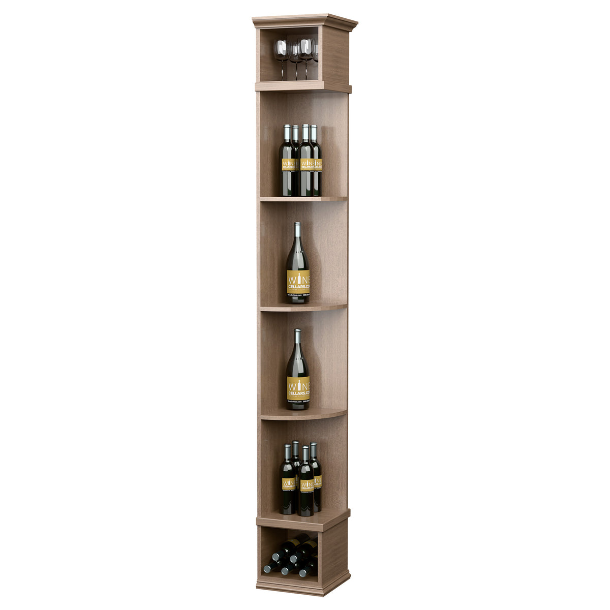 Light beige quarter-round wine shelf with square base, four bottle shelves and top glass holder