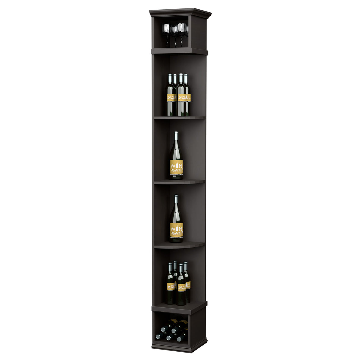Dark quarter-round wine shelf with square base, five bottle shelves and top cabinet with glass holders